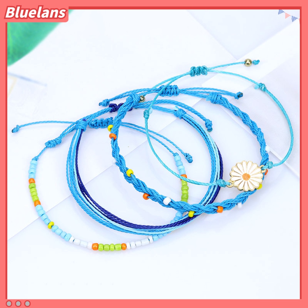 [BLS] 4pcs Wanita Gelang Gaya Bohemian Paduan Tahan Air Tenun Tangan Gelang Braided Bangle Dengan Liontin Set Hadiah Ulang Tahun