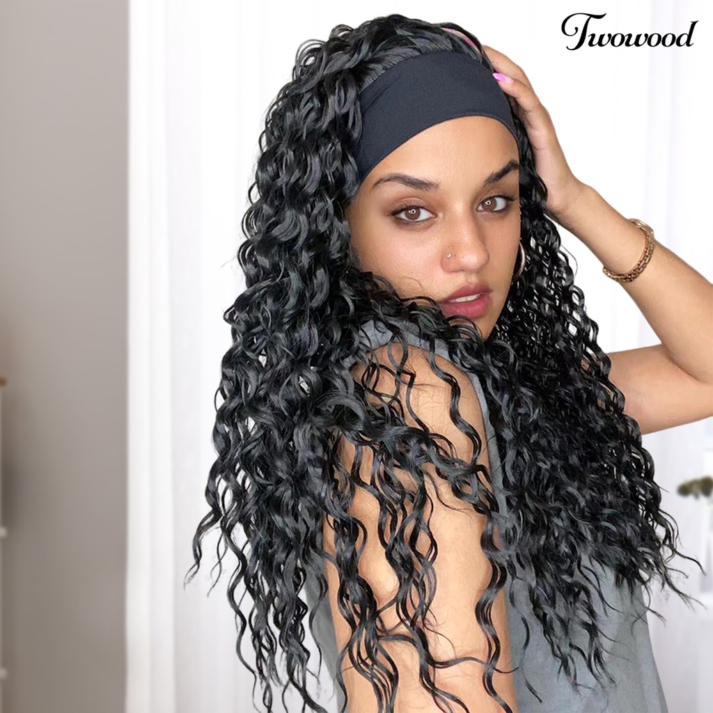 Twowood 24-Inch Wanita Wig Berbulu Tidak Menumpahkan Non-Tangle Ringan Tahan Sobek Gaya Rambut Dekorasi Warna Hitam Air Keriting Bando Rambut Manusia Wig Untuk Club