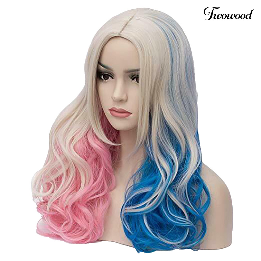 Twowood Suicide Squad Quinn Cosplay Wanita Pink Biru Gradien Keriting Panjang Wig Sopak