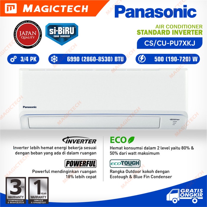 AC PANASONIC 3/4 PK (0.75PK) CS/CU-PU7XKJ / 7XKJ SI BIRU INVERTER- R32