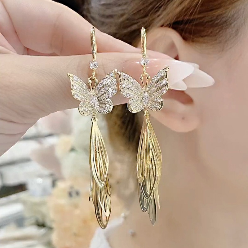 Unik Penuh Berlian Kupu-Kupu Piece Rumbai Gaya Panjang Anting Fashion Elegan