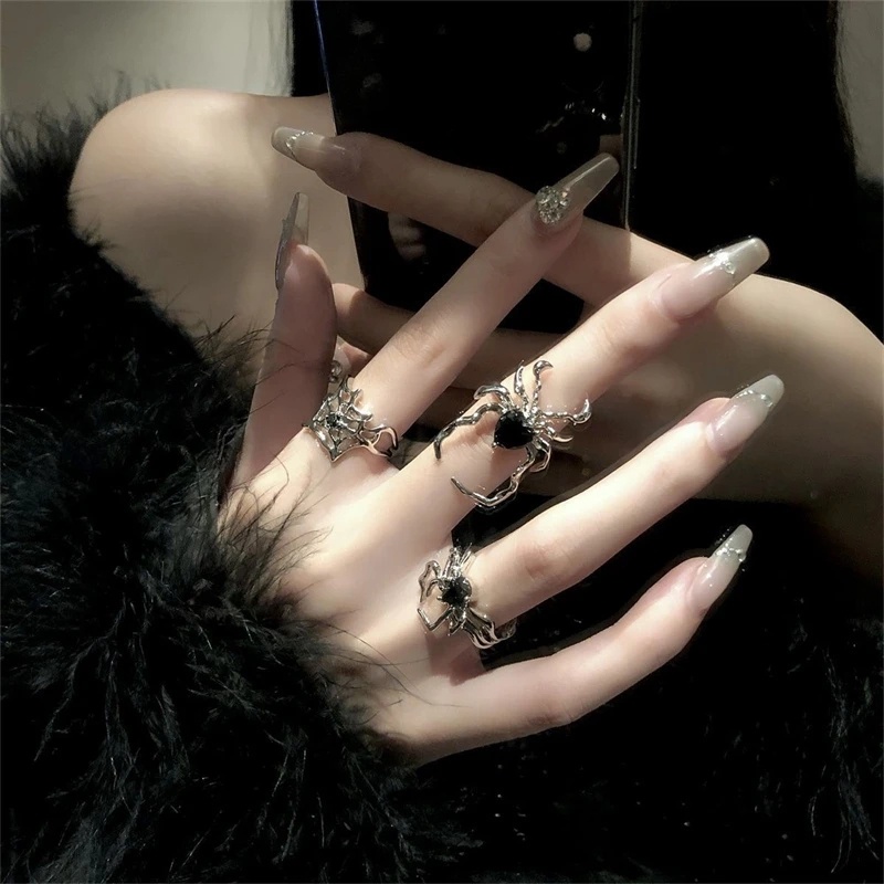 Gothic Irregular Spider Web Zirkon Jari Cincin/ Wanita Hitam Kristal Punk Gelap Hewan Terbuka Rings/ Hadiah Perhiasan Pesta Yang Dapat Disesuaikan