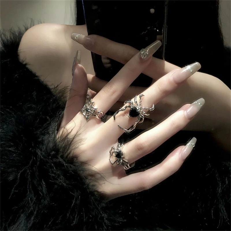 Fashion Punk Tidak Teratur Hitam Kristal Spider Webs Rings Hip Hop Gelap Gaya Wanita Gadis Logam Pembukaan Yang Dapat Disesuaikan Jari Cincin Perhiasan