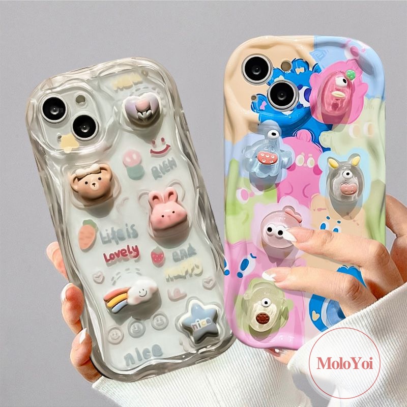 Kartun DIY Boneka Lucu Beruang Monster Bintang Kelinci Pelangi Casing Ponsel Kompatibel Untuk iPhone XR X XS Max11 12 13 14 Pro Max7 6s 8 6 Plus Se2020 3D Tepi Bergelombang Melengkung Glossy Soft Cover