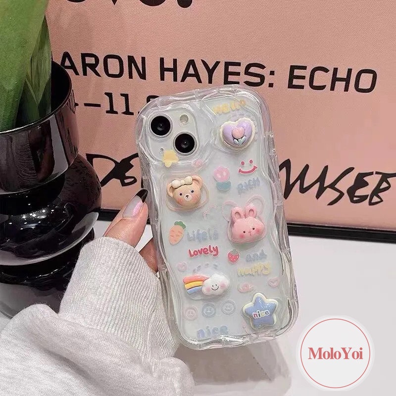 Kartun DIY Boneka Lucu Beruang Monster Bintang Kelinci Pelangi Casing Ponsel Kompatibel Untuk iPhone XR X XS Max11 12 13 14 Pro Max7 6s 8 6 Plus Se2020 3D Tepi Bergelombang Melengkung Glossy Soft Cover