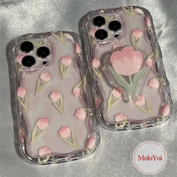 3d Wavy Curved Edge Fresh Flowers Tulip Case Kompatibel Untuk iPhone XR XS X Max11 12 14 13 Pro Max7 6 6s 8 Plus SE 2020 Stand Phone Bunga Dengan Braket Bunga Soft Cover