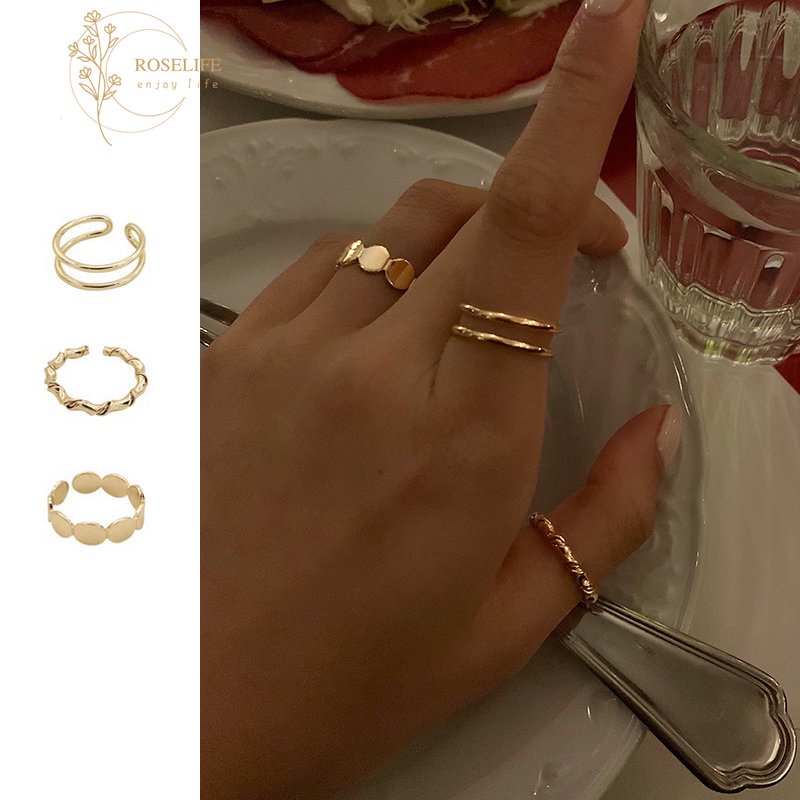 Roselife 3 Pcs Uang Tua Kebangkitan Emas Logam Susun Buku Jari Cincin Set Untuk Wanita Perempuan Chic Geometris Jari Cincin Set Gaya Korea Perhiasan Aksesoris