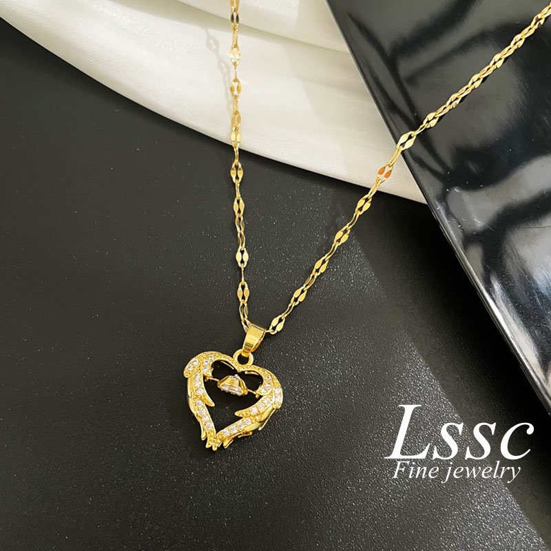 Kalung Titanium Hati yang Berdetak Berlian Mewah Emas 18K Anti Karat Cantik Korea Aksesoris Wanita Perhiasan