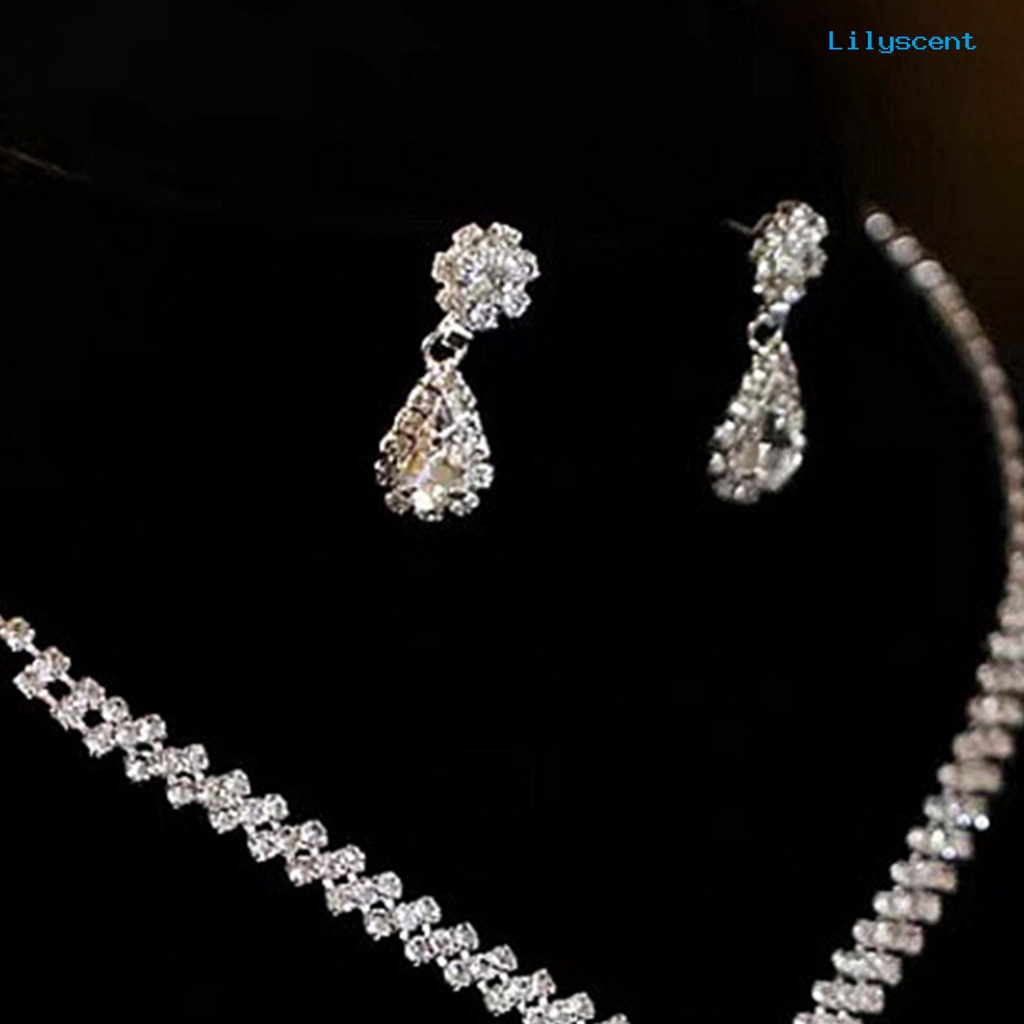 [LS]1 Set Kalung Anting Pengantin Perhiasan Berlian Imitasi Berbentuk Tetesan Air Gaya Korea Set Perhiasan Berkilau Untuk Pernikahan