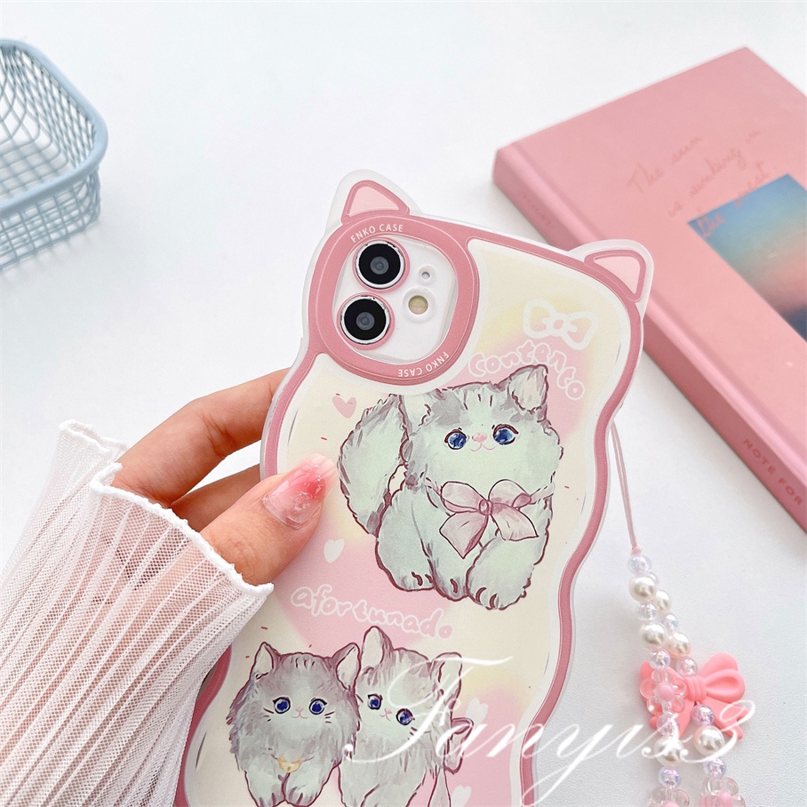 Compatible For iPhone 14 13 12 11 Pro Max X XR Xs Max 8 7 6 6s Plus SE 2020 Kompatibel Untuk Cute Pink Telinga Kucing Phone Case Clear Soft Cover Pelindung Dengan Rantai