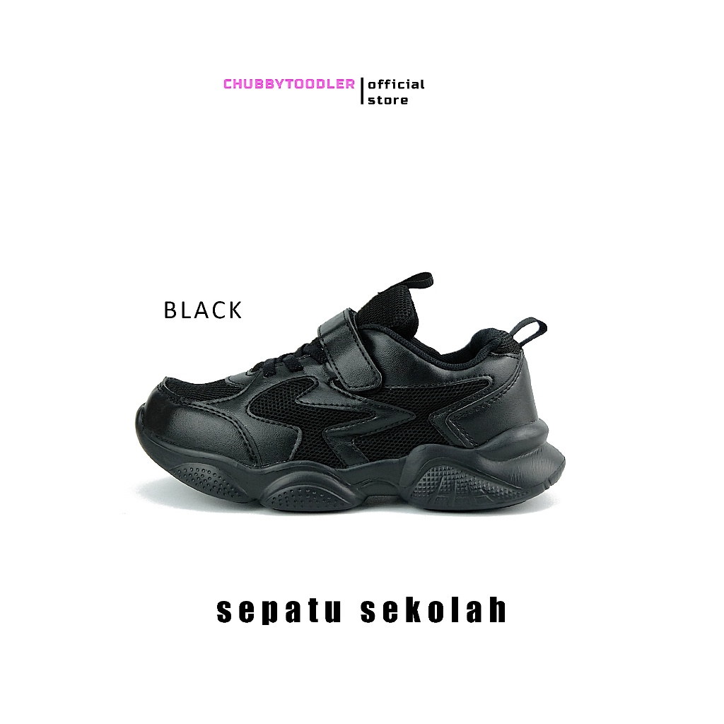 GLORYKIDZ SH2328 Sepatu Sekolah Anak full black dengan strap perekat ringan SD SMP SMA size 28-39