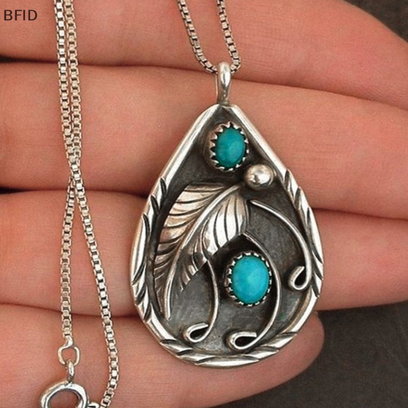 [BFID] Vintage Leaf Green Stone Color Pendant Necklace Bohemia Pernyataan Perhiasan Tetesan Air Liontin Kalung Wanita [ID]