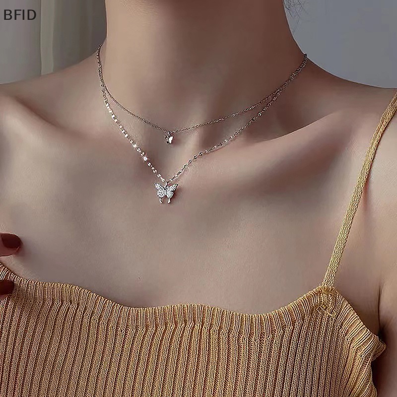 [BFID] Fashion Shiny Butterfly Necklace Ladies Indah Rantai Klavikula Lapisan Ganda Keren Rantai Leher Untuk Wanita Perhiasan Hadiah [ID]