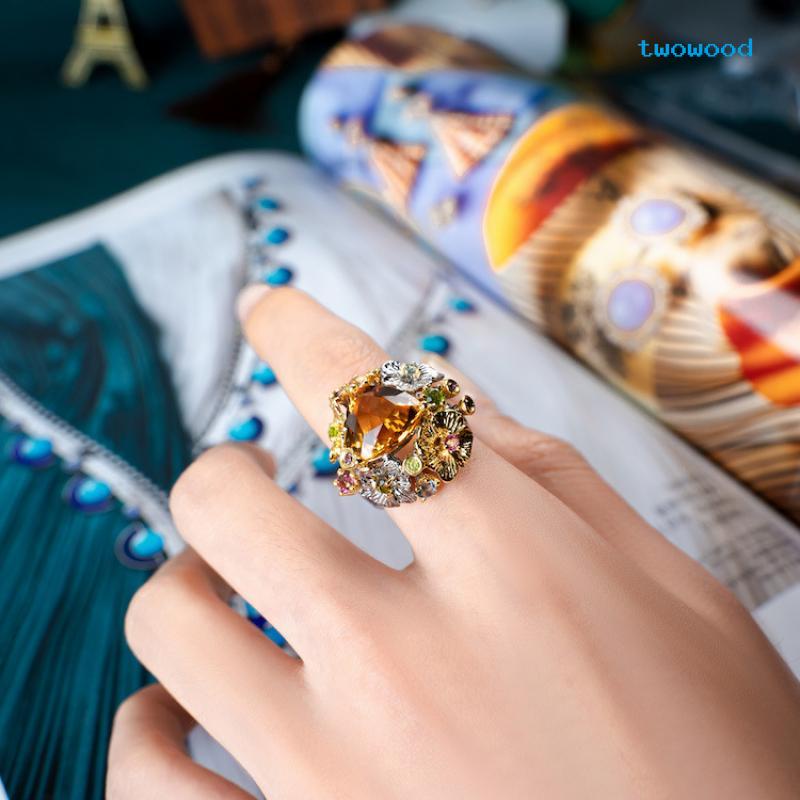 Twowood Imitasi natural citrine Berwarna Batu Permata Cincin Italia Pengadilan Perhiasan Kerajinan Terang Dan high-end Terbuka Cincin