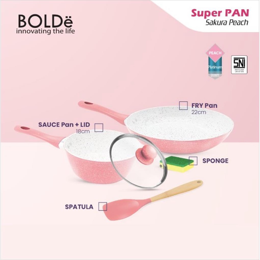 BOLDe Super Pan Sakura Peach Cookware Set 5 PCS - Frypan Panci Saus Anti Lengket