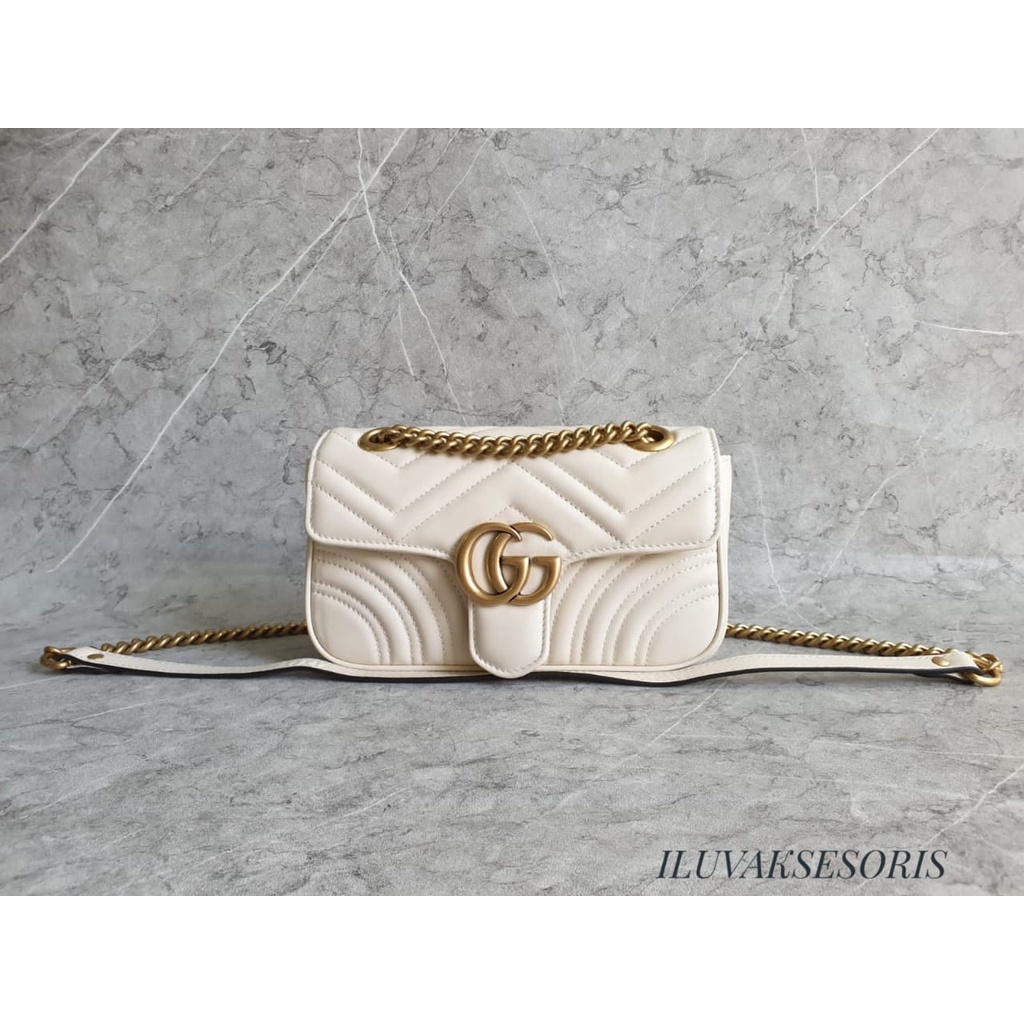 TAS WANITA BRANDED GUCCI MARMONT WHITE SZ 22 SLING BAG BRANDED