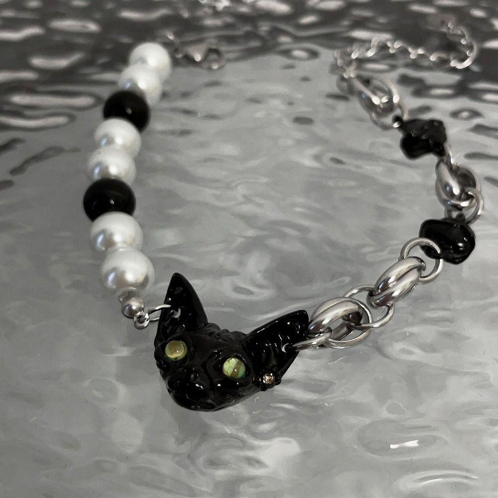 Mxbeauty Hitam Kucing Gelang Kalung Kepribadian Manis Mutiara Manik-Manik Y2K Sweater Rantai Street Wear Gaya Korea Perhiasan Aksesoris Untuk Wanita