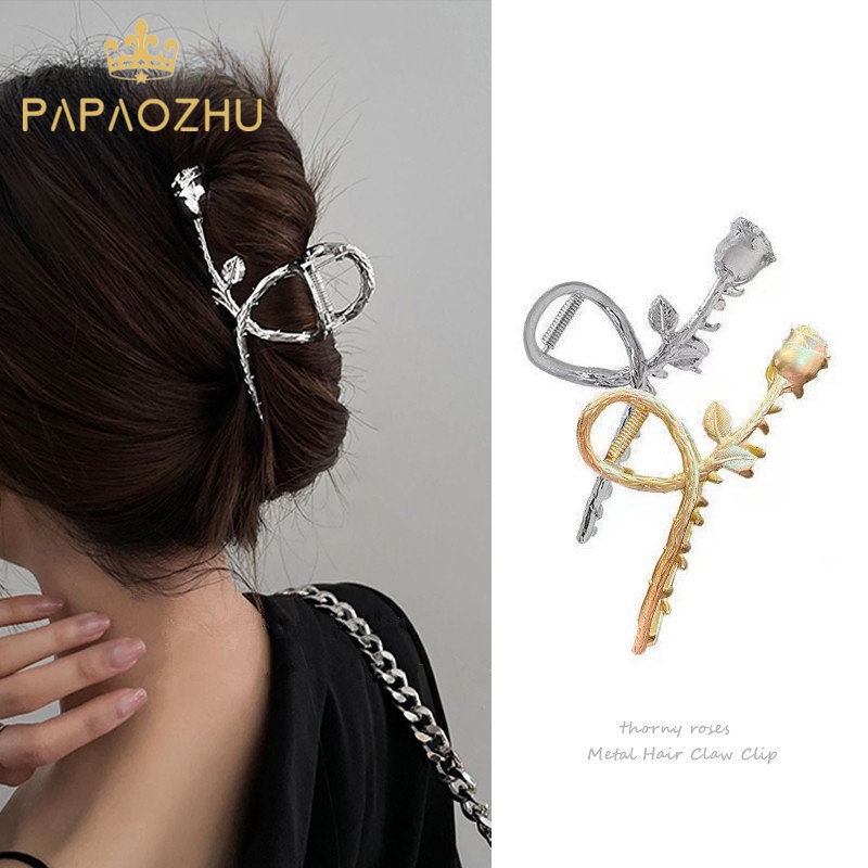 Papaozhu Korea Non Slip Duri Logam Besar Rose Hair Claw Clip Untuk Wanita Gadis Ponytail Holder Trendi Bunga Pisang Rambut Barrette Jaw Clamp Hair Styling Aksesoris