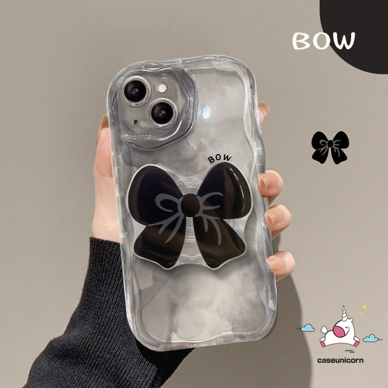 Case Tinta Seni Tepi Melengkung Bergelombang 3D Kompatibel Untuk iPhone 7Plus 11 13 XR 14 12 Pro Max8 7 6 6s Plus X XS Max SE 2020ikatan Lucu Penutup Belakang Simpul Dengan Bracket Phone Stand