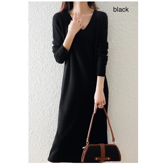 (D109) V neck knit midi loose dress rajut wanita