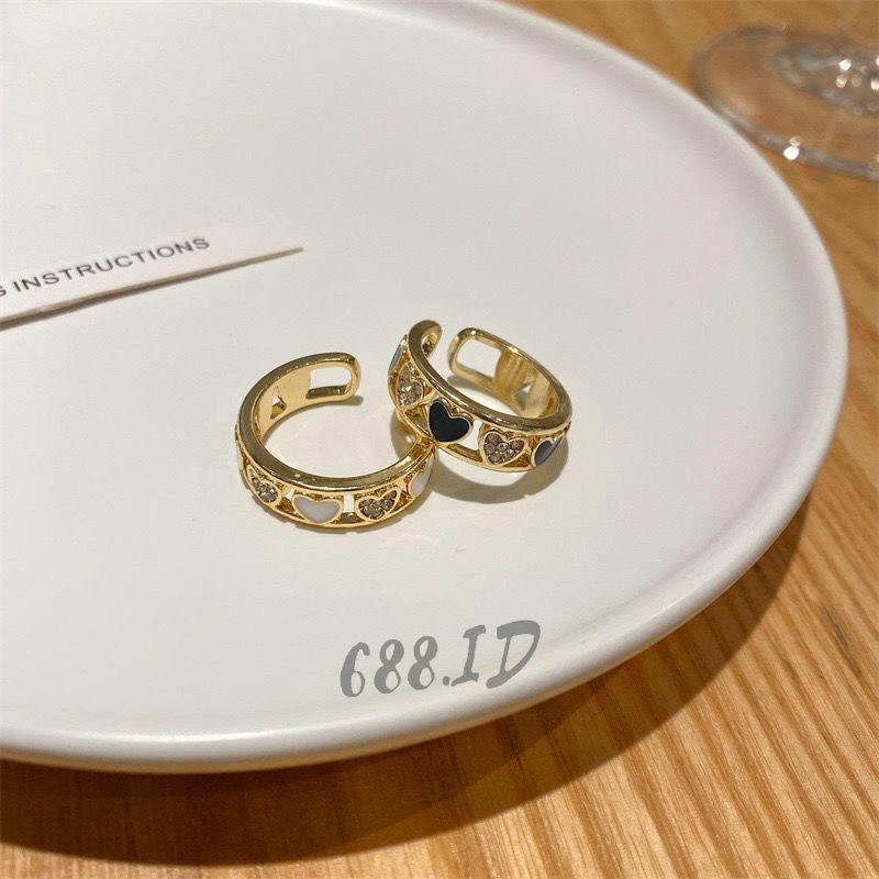 Cincin Wanita Fashion Korea Bentuk Hati Love Kristal Model Terbuka Adjustable Ring Dapat Disesuaikan Warna Hitam Putih Gaya Minimalis CC 05