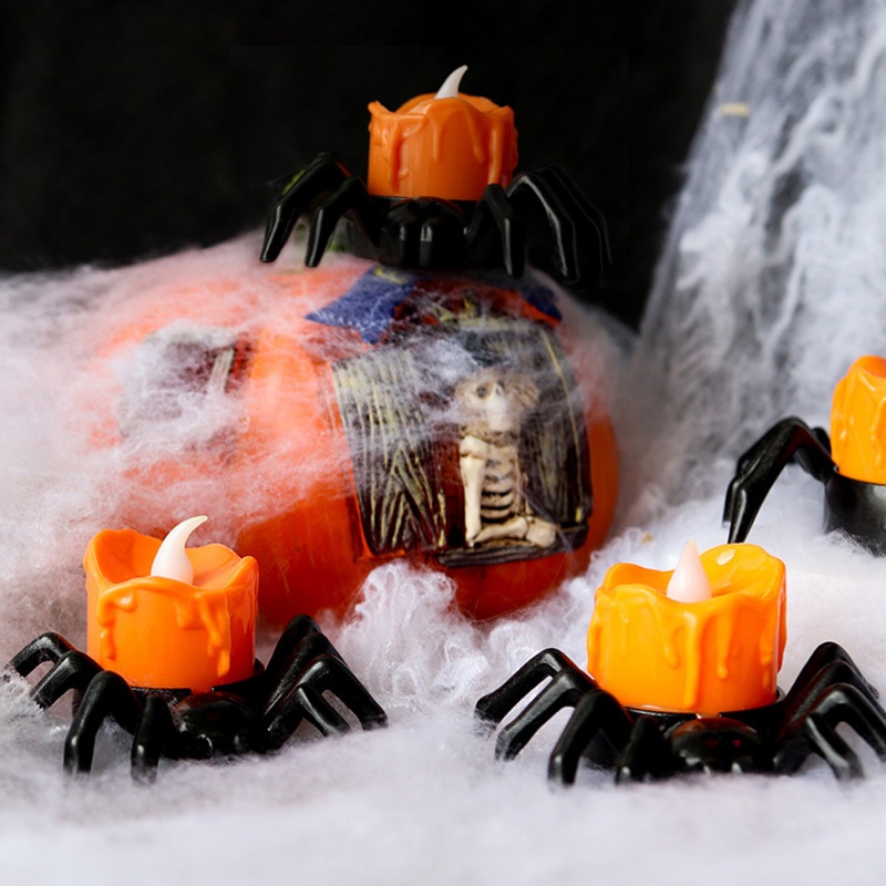 Lampu lilin Spider labu Halloween / lampu lilin hias tanpa api LED / lampu teh elektronik dioperasikan baterai / alat peraga suasana Horror seram / dekorasi pesta Halloween