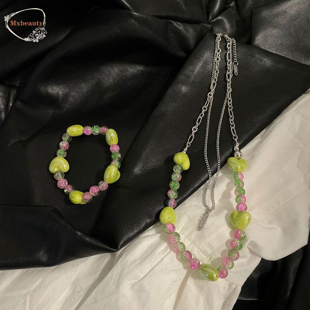 Mxbeauty Kalung Choker Hati, Gelang Manik-Manik Kaca Hijau, Rantai Harajuku Dopamin Gelang Peregangan Merah Muda Untuk Hadiah