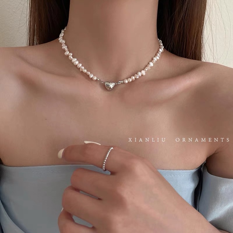 Baroque Irregular Pearl Necklace Magnetic Iron-Menyerap Batu Cinta Kalung Perempuan Rantai Klavikula Niche Desain Gaya