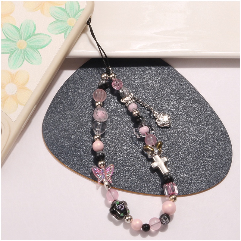 Liontin Strawberry Logam Akrilik Manik-Manik Kupu-Kupu Merah Muda Ponsel Strap Rantai Untuk iPhone Untuk Samsung Untuk OPPO Untuk VIVO Untuk Huawei Untuk Redmi Untuk Xiaomi Universal Bluetooth Earphone Case