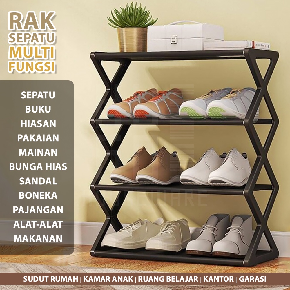 HUGO Rak Sepatu Portable 4 Susun Tempat Sepatu Sandal Serbaguna Minimalis Stainless Steel Kokoh