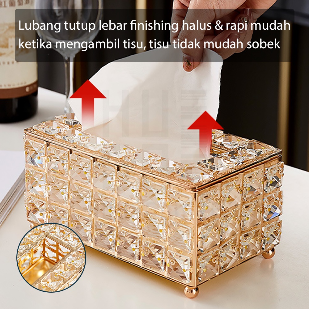 HUGO Kotak Tisu Tempat Penyimpanan Tisu Kristal Premium Wadah Tissue Emas Mewah