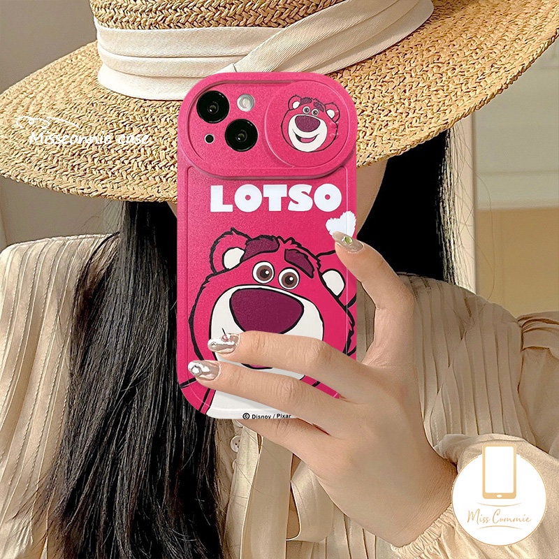 Cute Strawberry Bear Lotso Case Compatible for iPhone 11 XR 7Plus 13 12 11 Pro Max 8Plus X XS Max Cartoon Funny Dinosaur Push Pull Window Camera Lens Protector Soft Cover