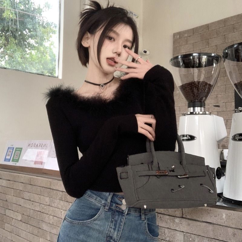 Sweater Hitam Leher V Dipotong Off Bahu Atasan Wanita