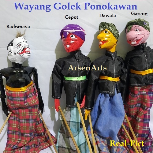 QF54GB Wayang Golek Kayu Punakawan 1 Set (Semar, Gareng, Dewala, Cepot) Ukuran Kecil (T. 35 cm) 4 Pc