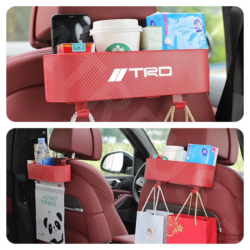 Toyota TRD Car Back Seat Organizer Kursi Belakang Mobil Hook Kotak Penyimpanan Cup Holder Tekstur Serat Karbon Untuk Toyota Agya Raize Calya Avanza Veloz Rush Kijiang Innova Yaris Corolla Cross bZ4X RAV4 Vios Fortuner CHR Camry