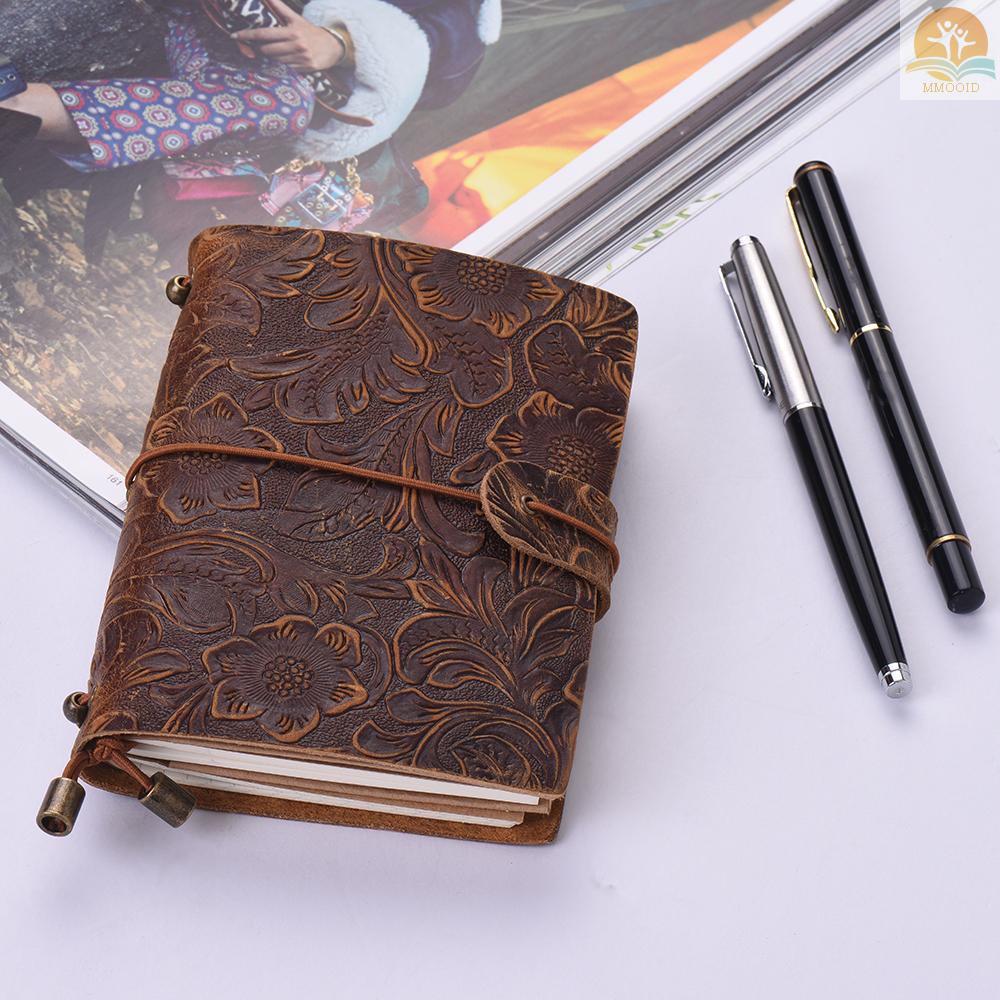 In Stock Vintage Full Grain Leather Refillable Travel Journal Notebook Diary Motif Bunga Timbul Harian Notepad Cover Dengan Tali Elastis Untuk Pria &amp; Wanita Hadiah