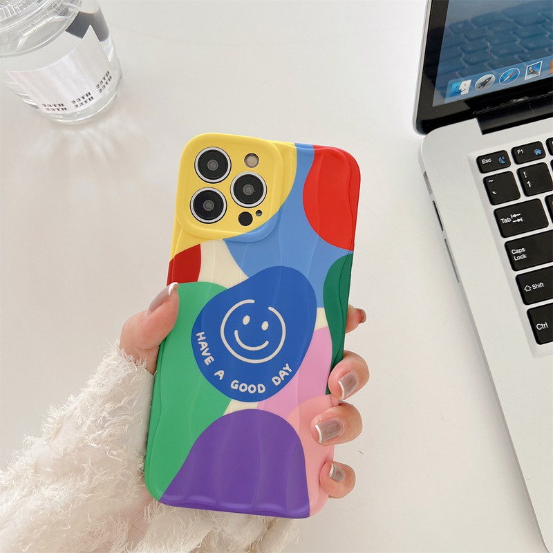 Colorful Block Smile Soft Silicon Case HP iP iPhone 14 + Plus 12 13 Pro Max 11 IMD Wave Casing Apple