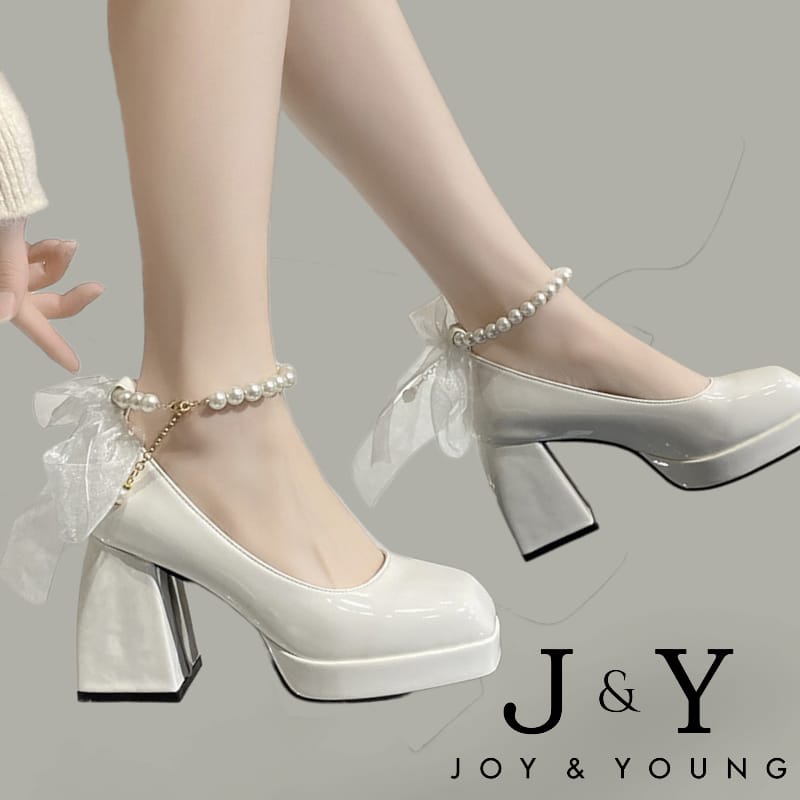 [J&amp;Y] [Joy&amp;Young] [JY] 1503 Sepatu Wanita Heels Hak 331 TALI MUTIARA Korea style Mary jane Pearl FASHION ELEGAN CANTIK Pesta Kerja Santai Keren Trend Casual Kualitas Bagus Impor