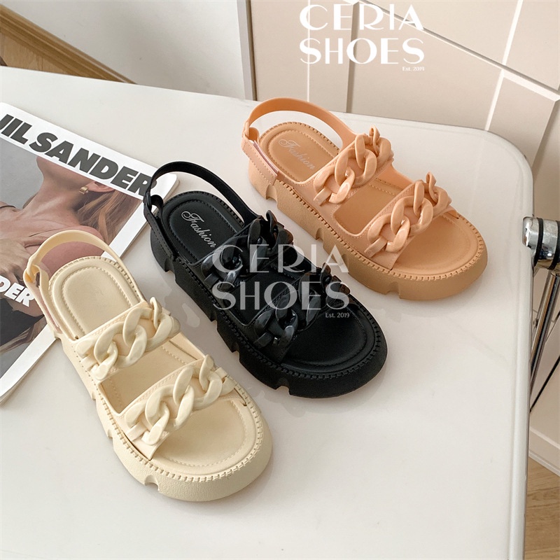 Sandal Wanita Karet Jelly Wedges Platform Tebal Bahan Elastis Empuk Tali Belakang Motif Double Strap 809
