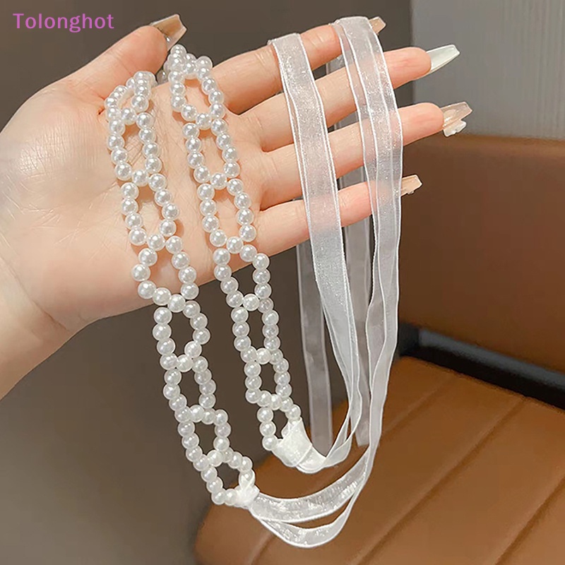 Tolonghot&gt; Manis Kristal Mutiara Hairband Romantis Manik-Manik Bunga Renda Panjang Rambut Pita Hiasan Kepala Renda Klavikula Choker Kalung Perhiasan well