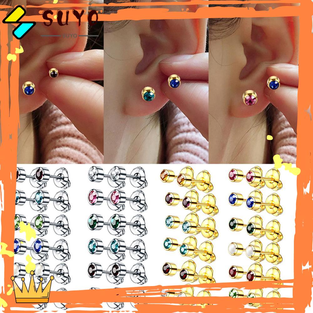 SUYO 1pasang 4mm Kristal Telinga Tindik Stud Emas Perak Rustproof Anti-Sensitif Stud Earrings