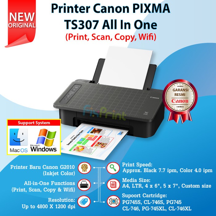 Printer Inkjet Canon PIXMA TS307 TS 307 TS-307 Print Copy Wireless direct + Cartridge tinta 745 746