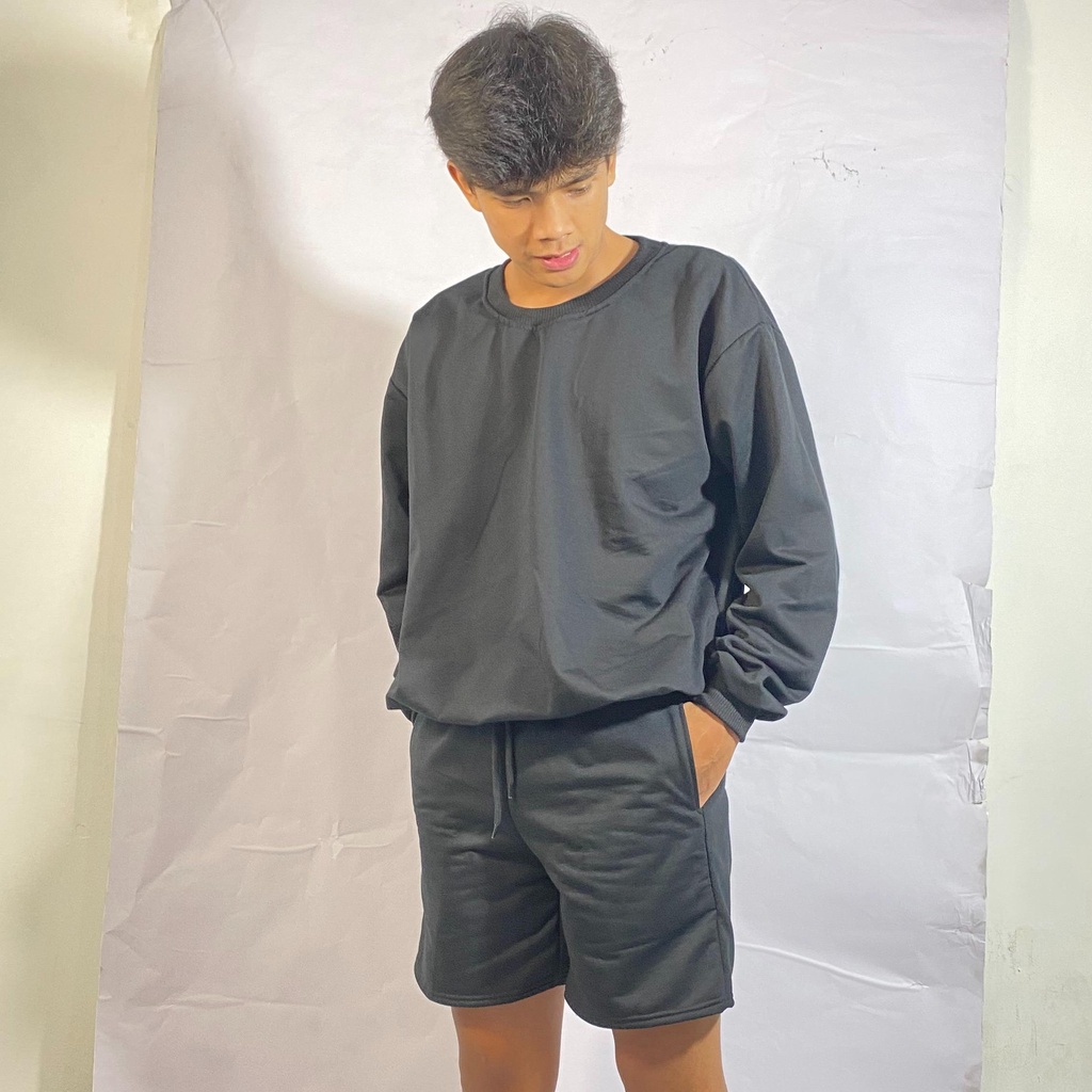 Setelan Wanita Kekinian Kaos Oblong Lengan Panjang Celana Pendek Rumahan Crewneck Tebal Lembut Dewas