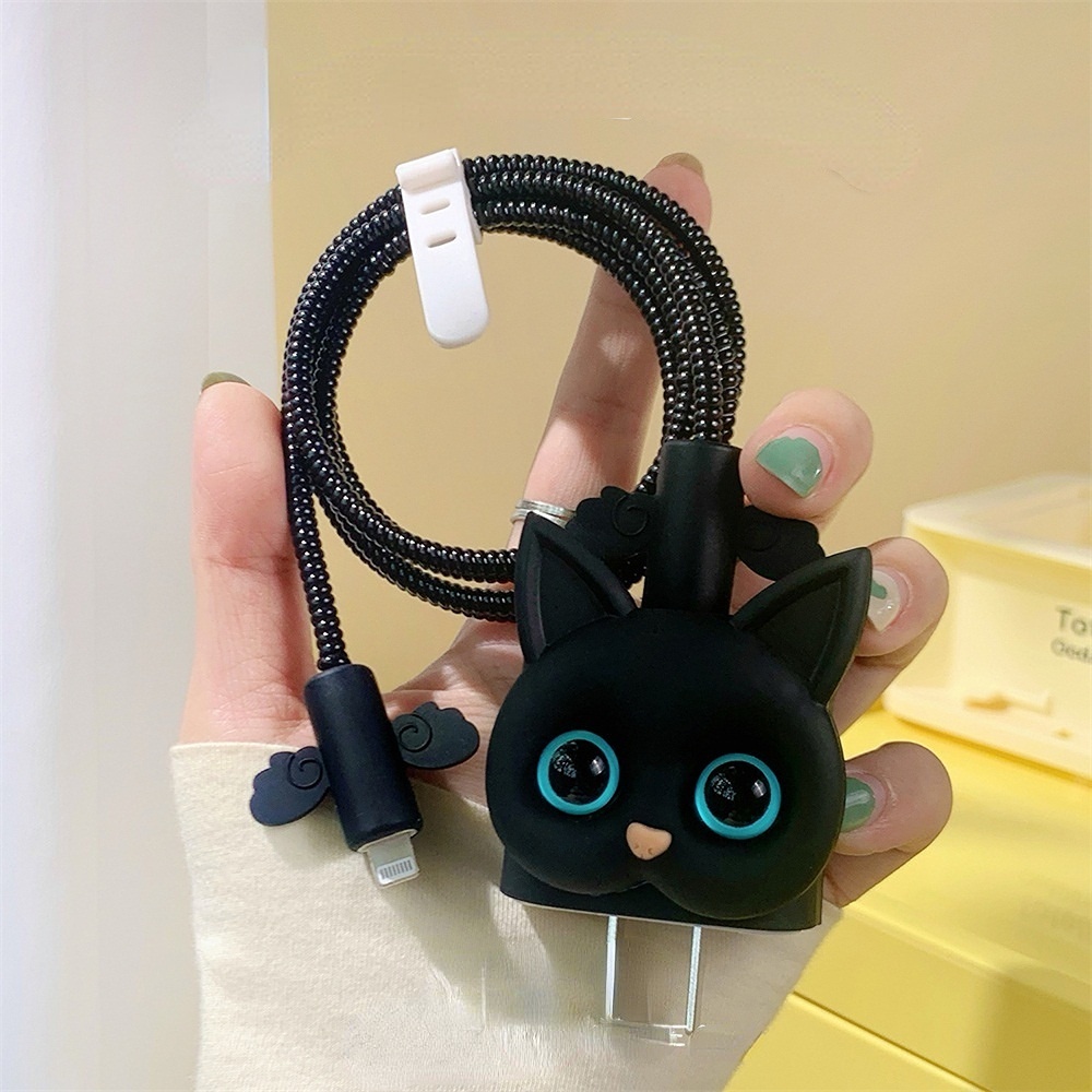 Cute Charger Protector Hitam Dan Putih Berbentuk Kucing Charging Head Protector Alat Pembungkus Pelindung Kabel Data Untuk IPhone 20W Quick Charging Protector