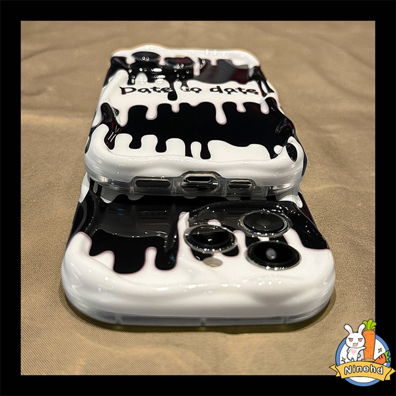 IPHONE Casing Kompatibel Untuk Iphone14 13 12 11 Pro Max X Xr Xs Max8 7 6 6s Plus SE 3D Premium Hitam Putih Ice Cream Phone Case Wave Edge Bungkus Penuh Cover Pelindung Silikon Anti Jatuh