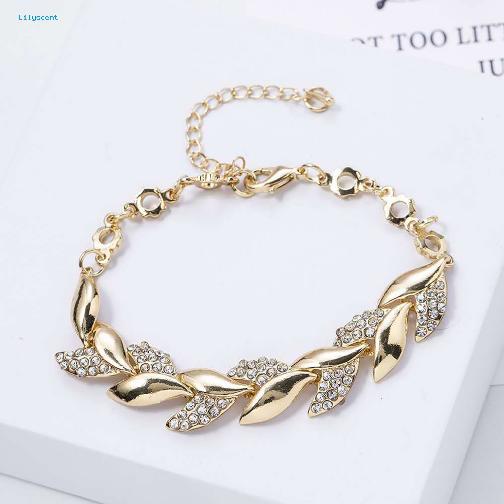 Lilyscent Adjustable Golden Leaves Gelang Berlian Imitasi Bangle Daun Elegan Untuk Wanita