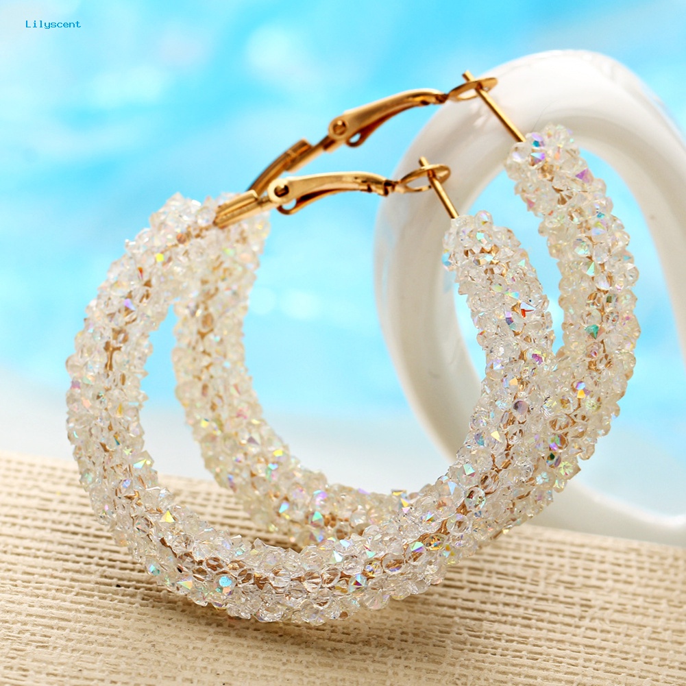 Lilyscent Wanita Berlian Imitasi Hias Geometris Besar Bulat Drop Hoop Earrings Perhiasan Hadiah