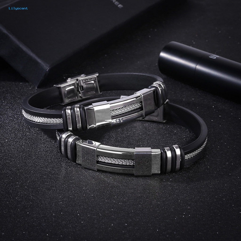 Lilyscent Gelang Tangan Silikon Untuk Kehidupan Sehari-Hari Pria Kawat Stainless Steel Gelang Lebar Kawat Anti Karat