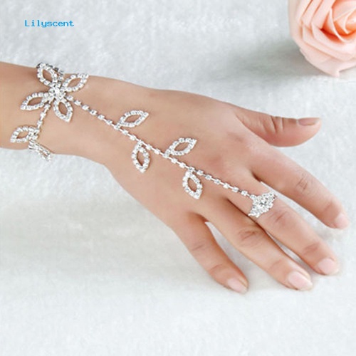 Lilyscent Kristal Berlian Imitasi Daun Tangan Harness Gelang Rantai Budak Link Kaki Jari Cincin