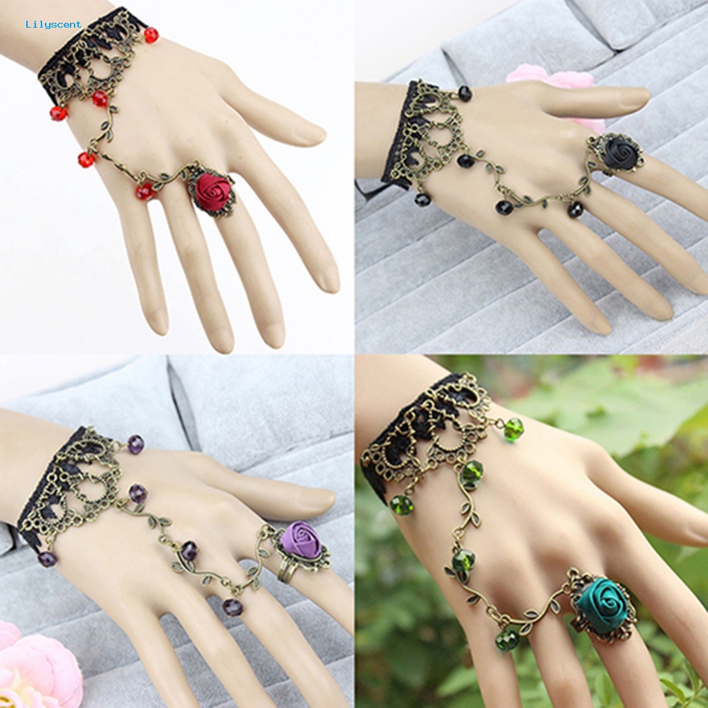 Lilyscent Retro Gothic Wanita Renda Bunga Tangan Budak Harness Gelang Rantai Cincin Perhiasan